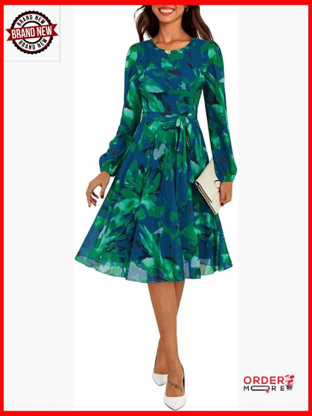 Mesh Long Sleeve Floral Midi Dress Crew Neck A Line